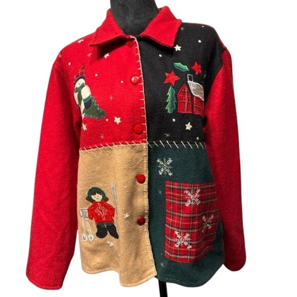 Quilted Red Green Patchwork Ugly Christmas Snowman Fair Isle Plaid Cardigan M